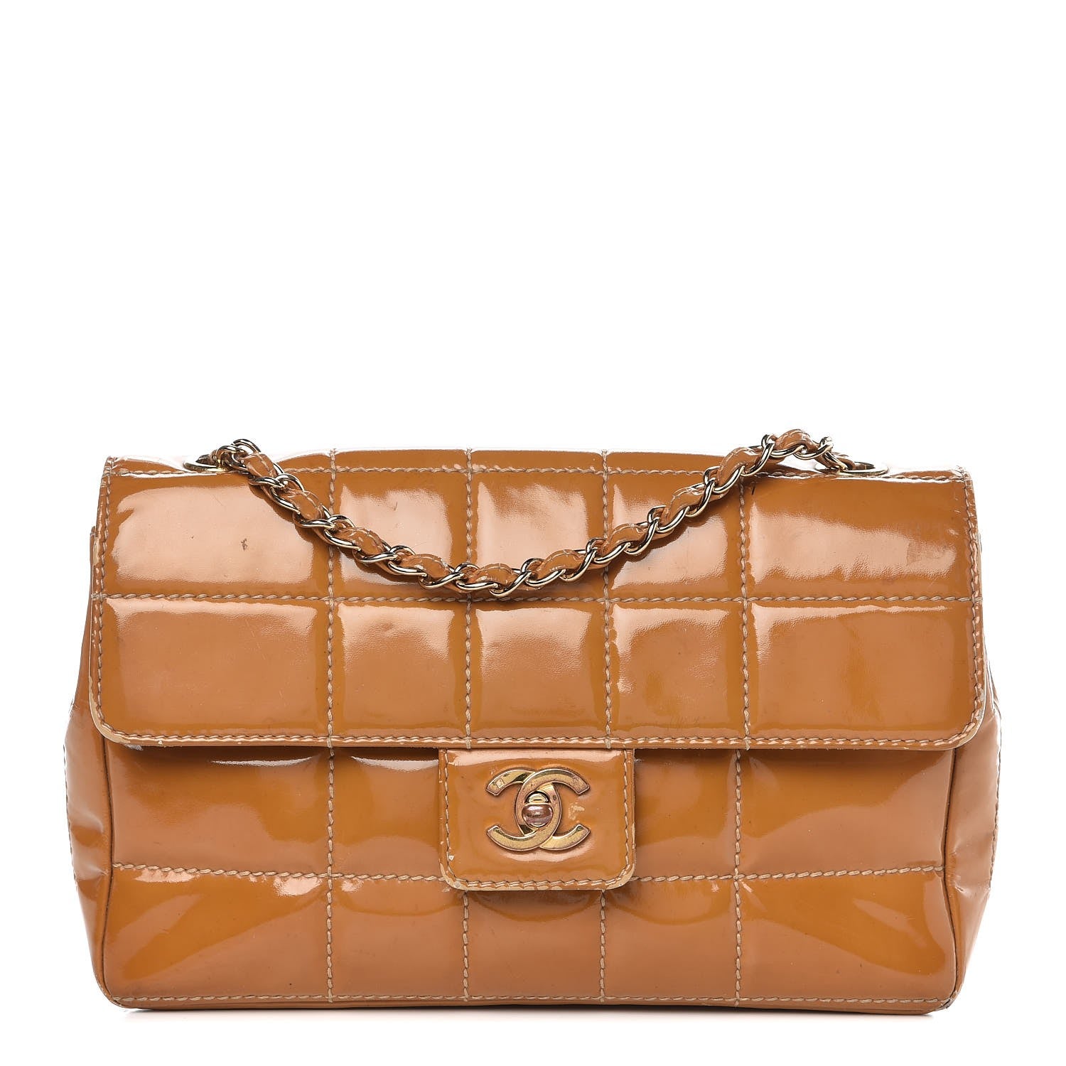 Chanel Patent Quilted Medium Chocolate Bar Flap Tan 1 of 20