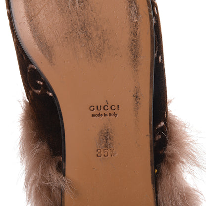 Gucci Velvet GG Monogram Fur Womens Princetown Slippers 35.5 Brown Black Natural 9 of 11