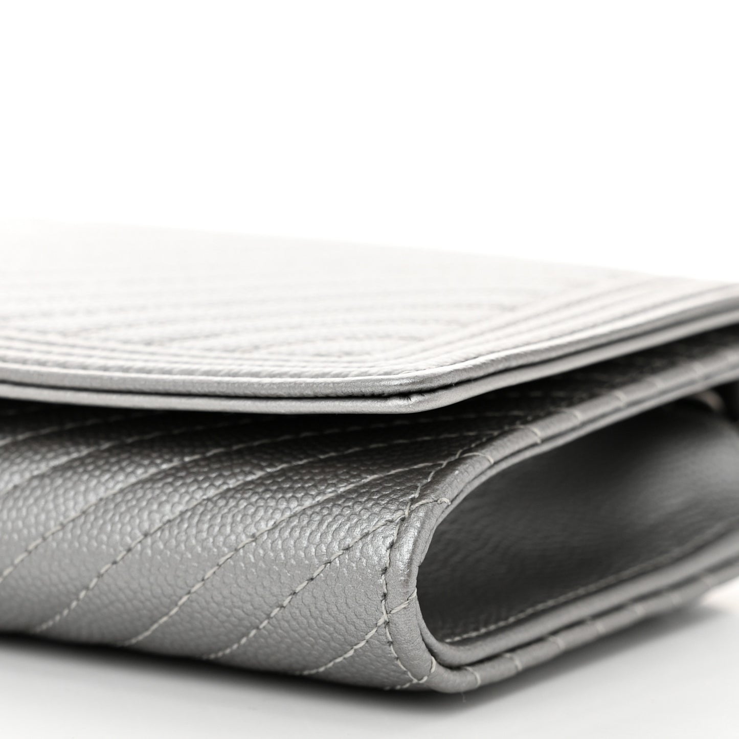 Metallic Caviar Chevron Quilted Boy Wallet On Removable Chain WOC Silver