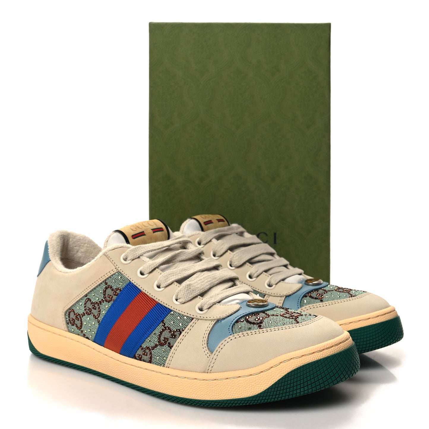 Calfskin GG Supreme Crystals Web Screener Sneaker 41.5 Azure Dusty Milk Beige