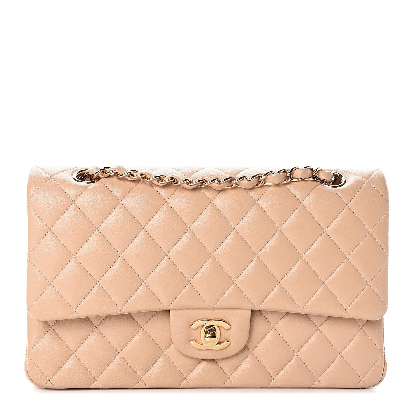 Lambskin Quilted Medium Double Flap Beige