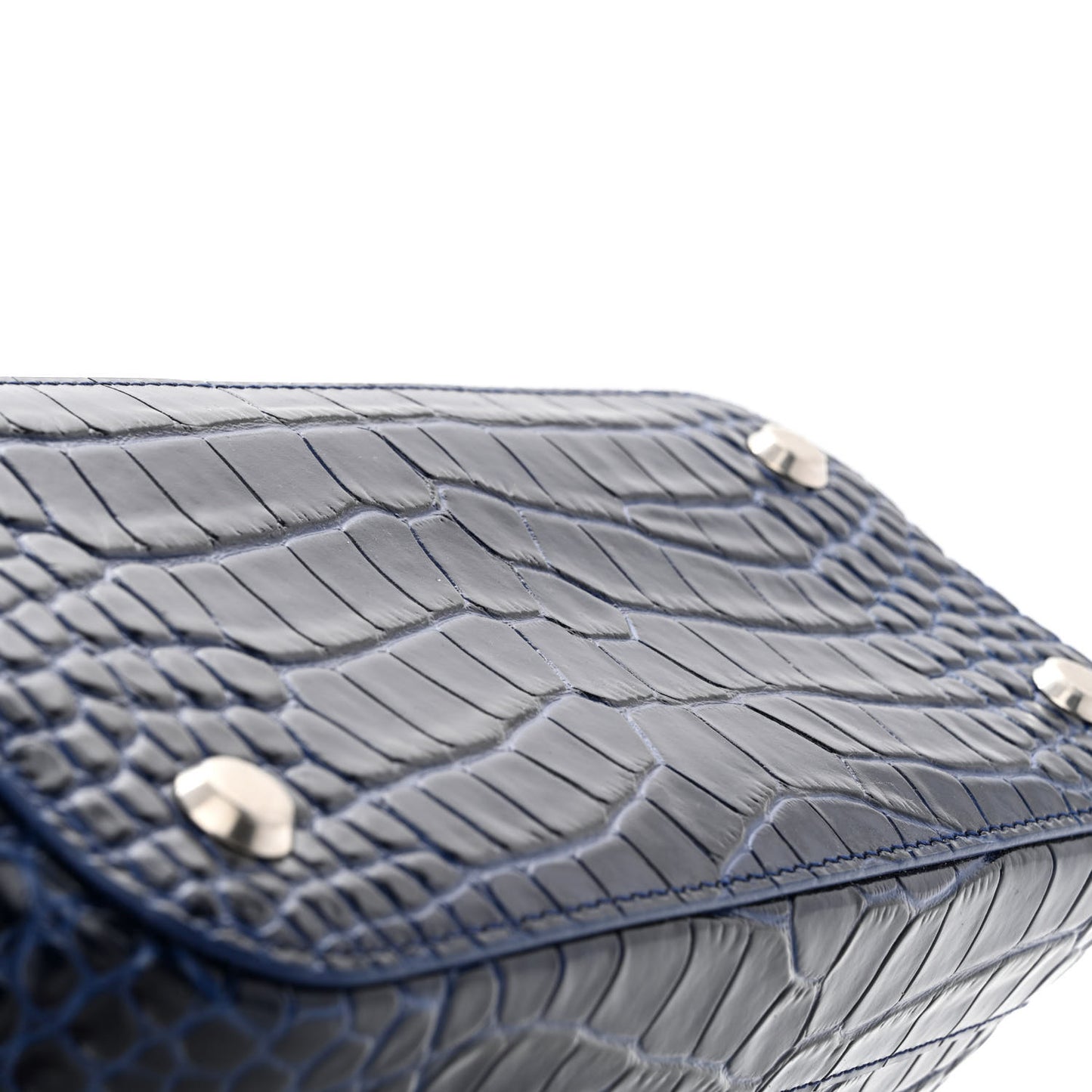 Shiny Calfskin Logo Crocodile Embossed S Ville Top Handle Bag Navy White