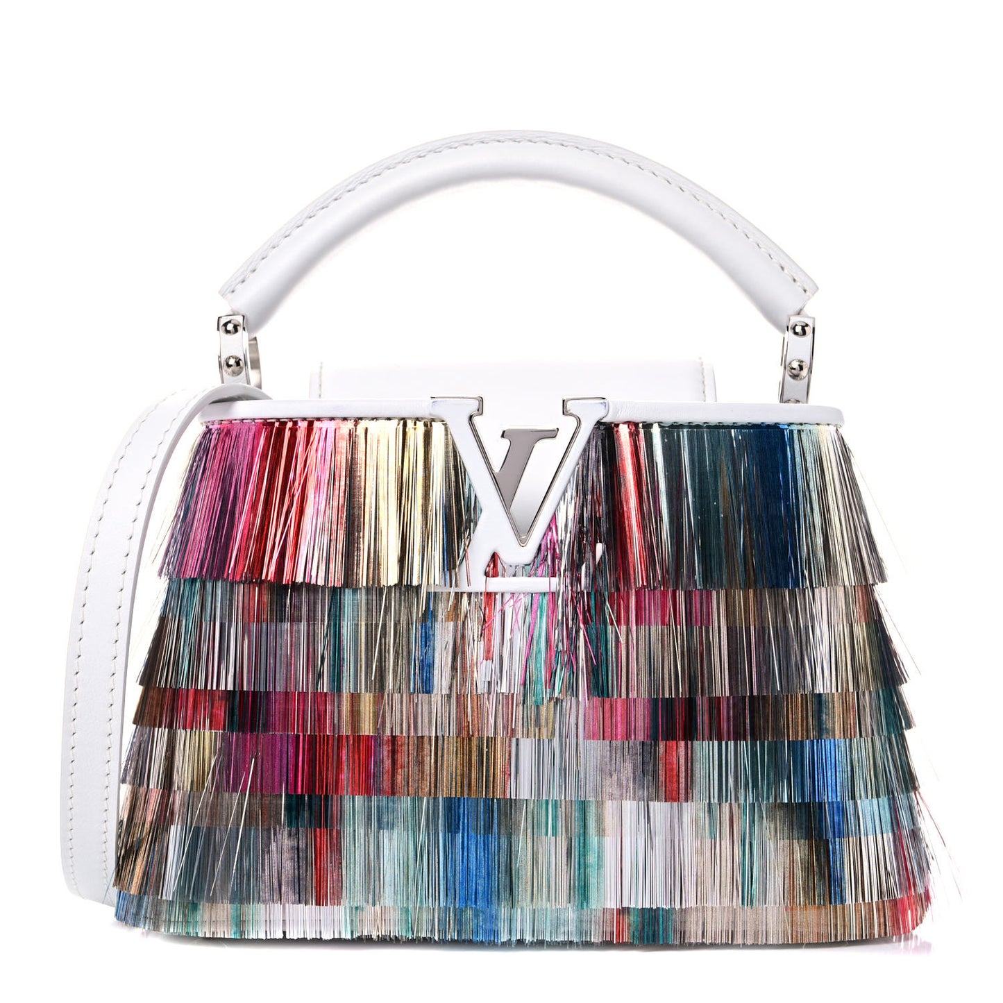 Calfskin Tinsel Fringe Capucines Mini White Multicolor