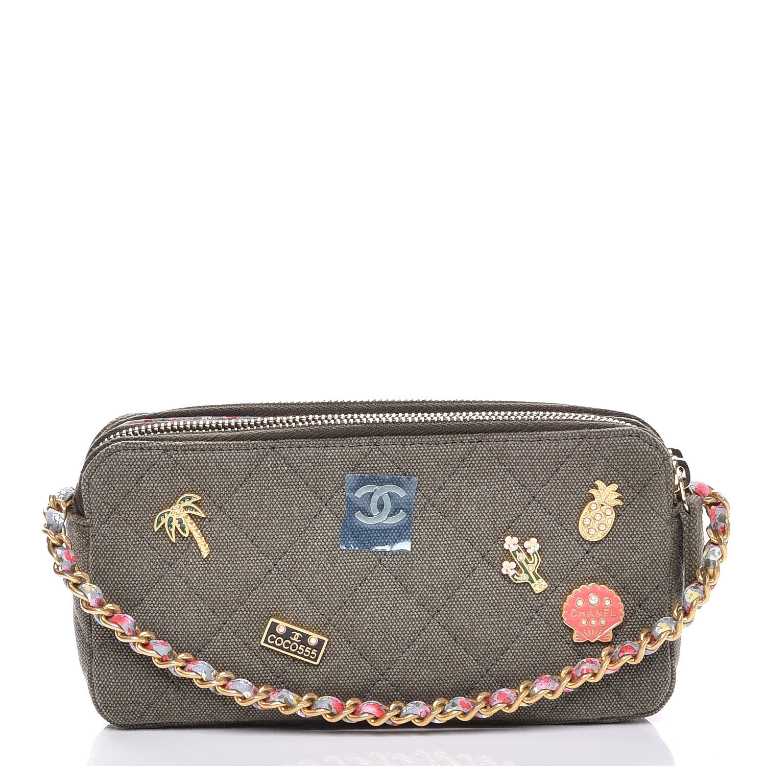 Chanel Canvas Quilted Coco Cuba Small Clutch With Chain Khaki 1 of 8