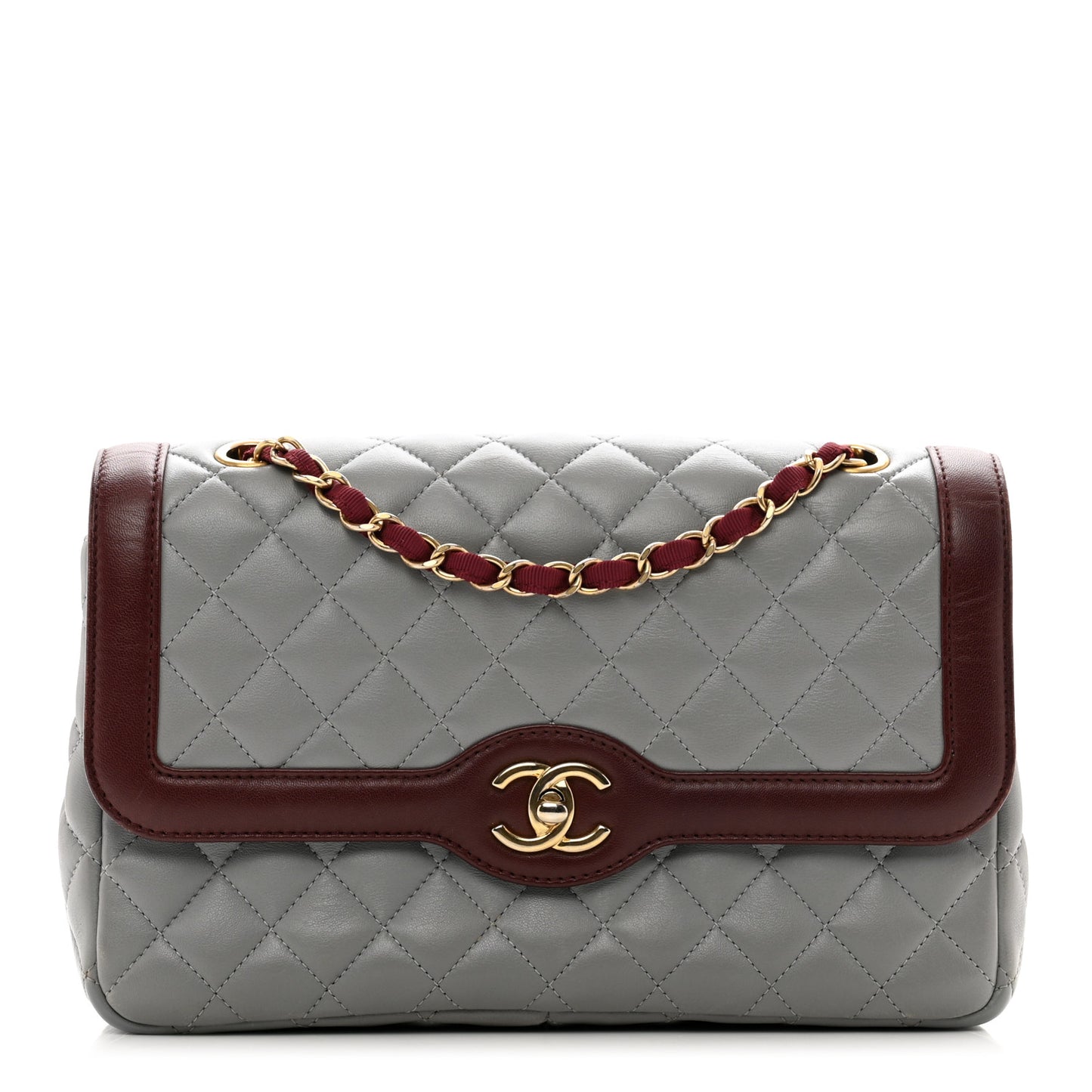 Lambskin Quilted Medium Two Tone Day Flap Grey Burgundy Grey Burgundy