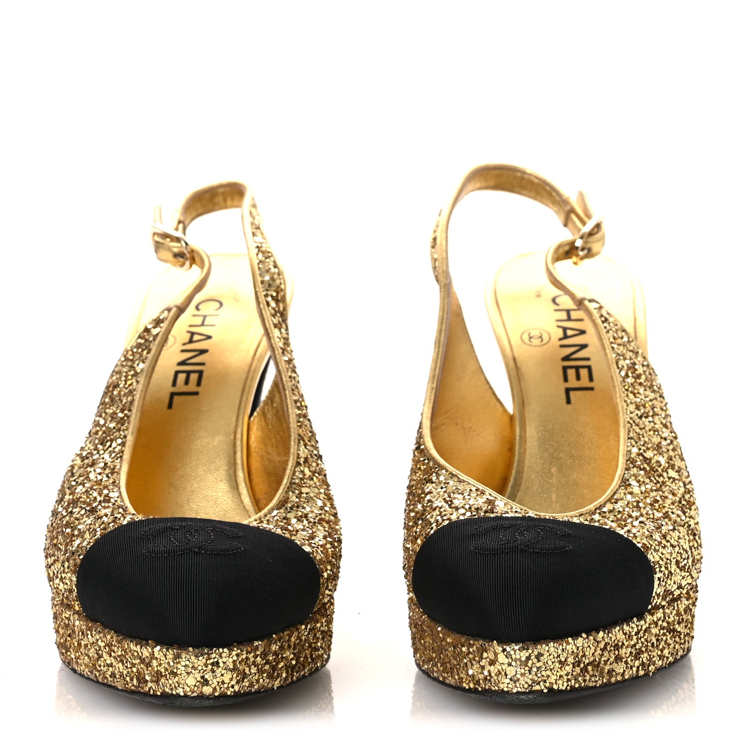 Chanel Glitter Grosgrain Cap Toe CC Slingback Pumps 38 Gold Black 3 of 13