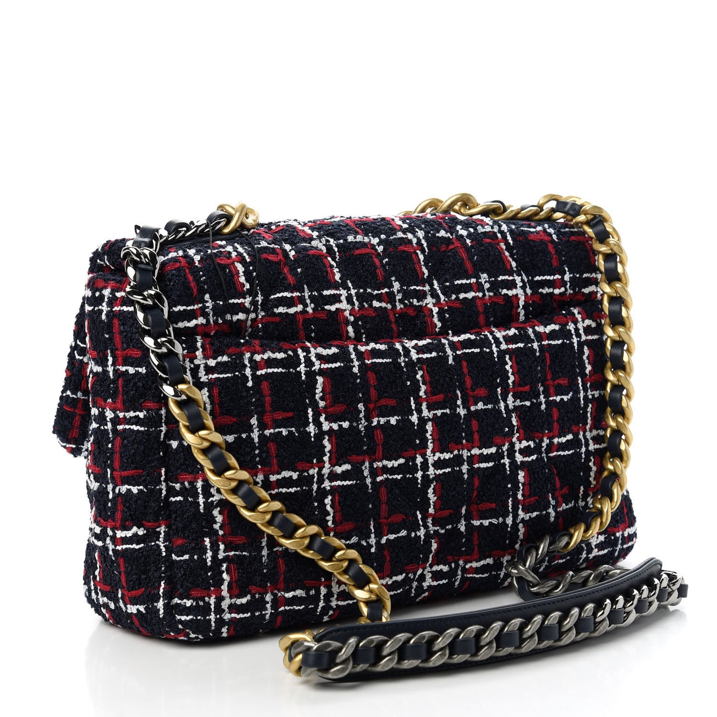 Tweed Quilted Large Chanel 19 Flap Navy Blue White Red