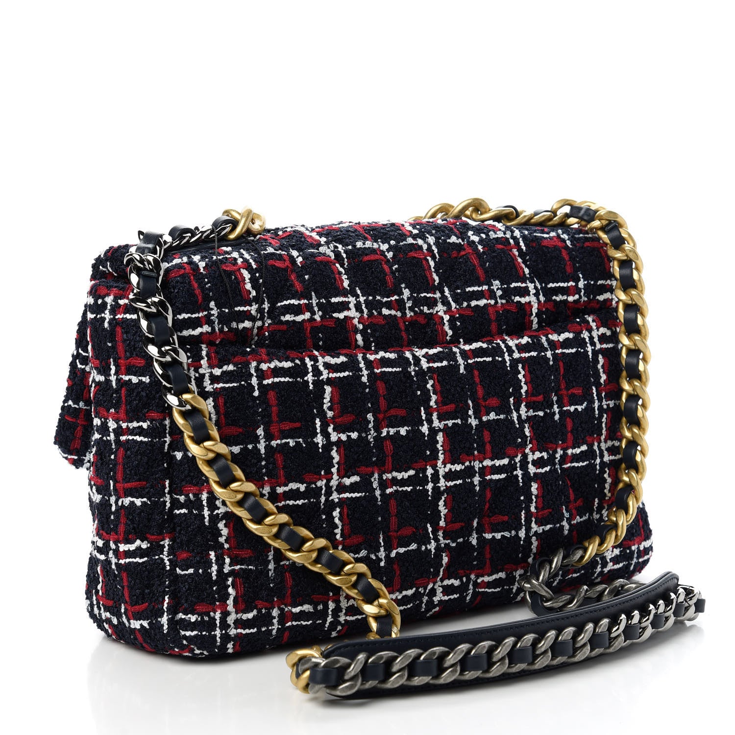 Chanel Tweed Quilted Large Chanel 19 Flap Navy Blue White Red 3 of 10