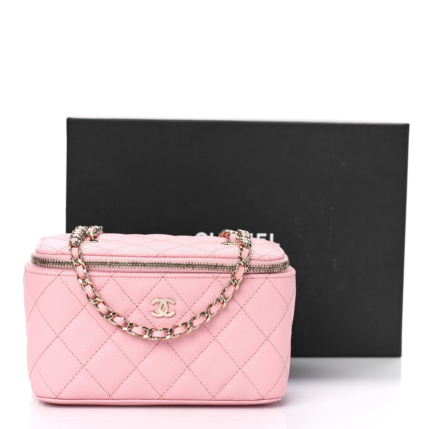 Caviar Quilted Small Vanity Case With Chain Pink