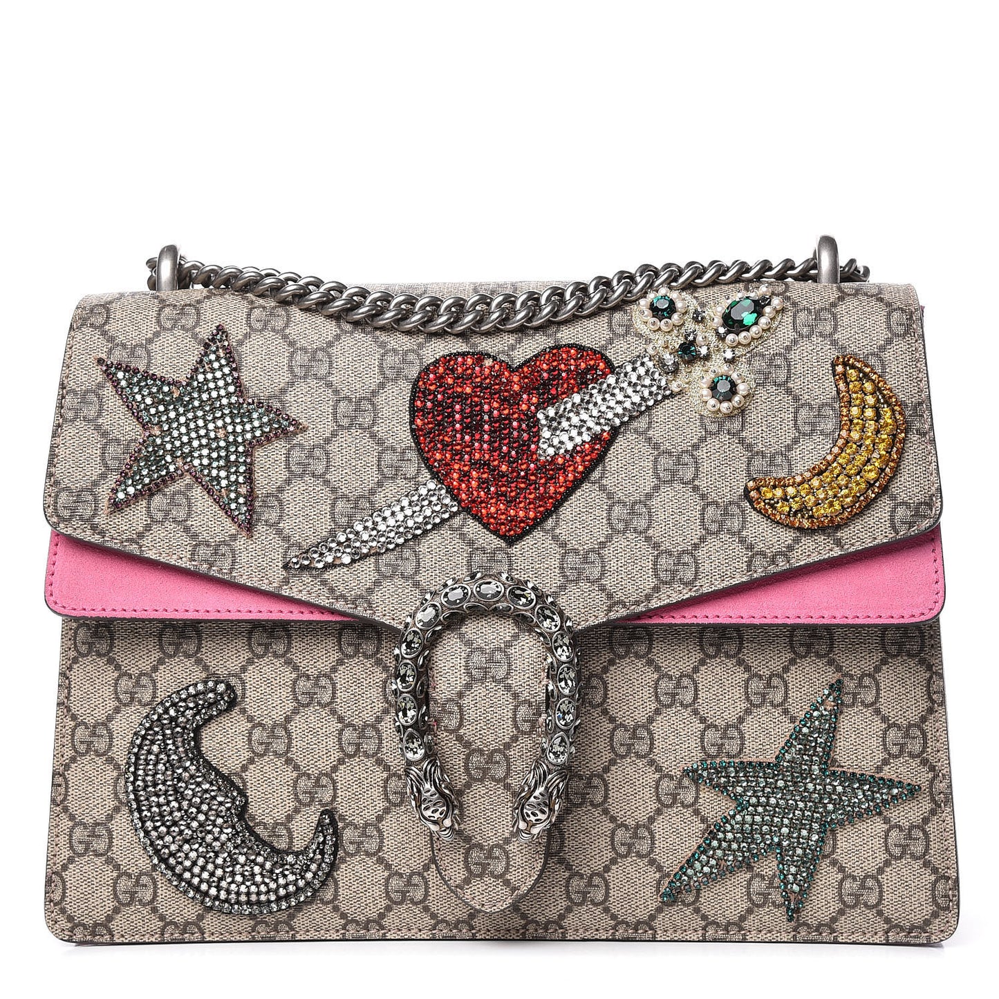 GG Supreme Monogram Suede Pierced Heart Embroidered Medium Dionysus Shoulder Bag Beige Ebony Pink Tropical Flower