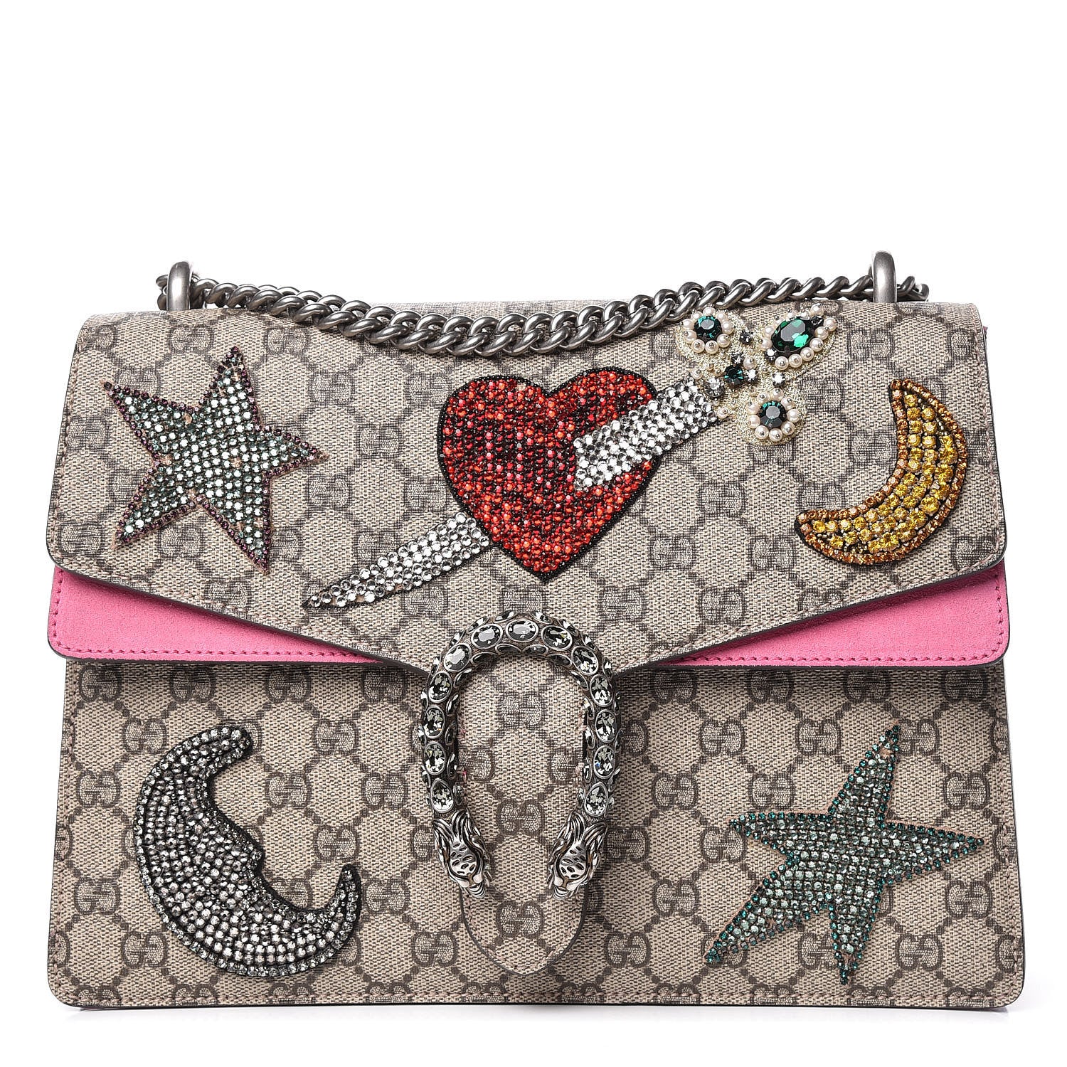 Gucci GG Supreme Monogram Suede Pierced Heart Embroidered Medium Dionysus Shoulder Bag Beige Ebony Pink Tropical Flower 1 of 19
