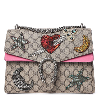 Gucci GG Supreme Monogram Suede Pierced Heart Embroidered Medium Dionysus Shoulder Bag Beige Ebony Pink Tropical Flower 1 of 19