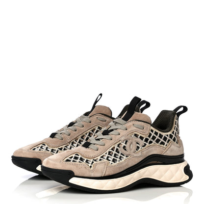 Chanel Suede Calfskin Embroidered CC Sneakers 37.5 Beige Black 3 of 14