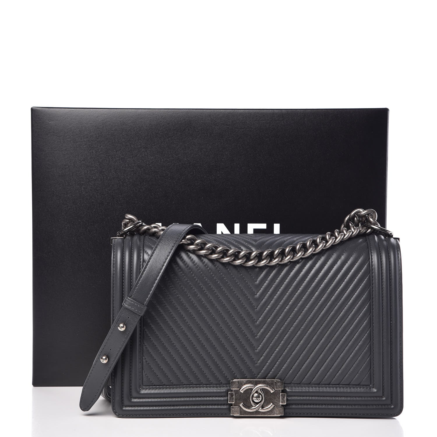Chanel Calfskin Chevron Quilted New Medium Boy Flap Dark Grey 10 of 10