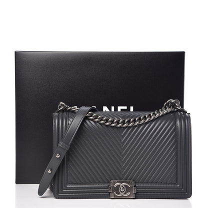 Chanel Calfskin Chevron Quilted New Medium Boy Flap Dark Grey 10 of 10
