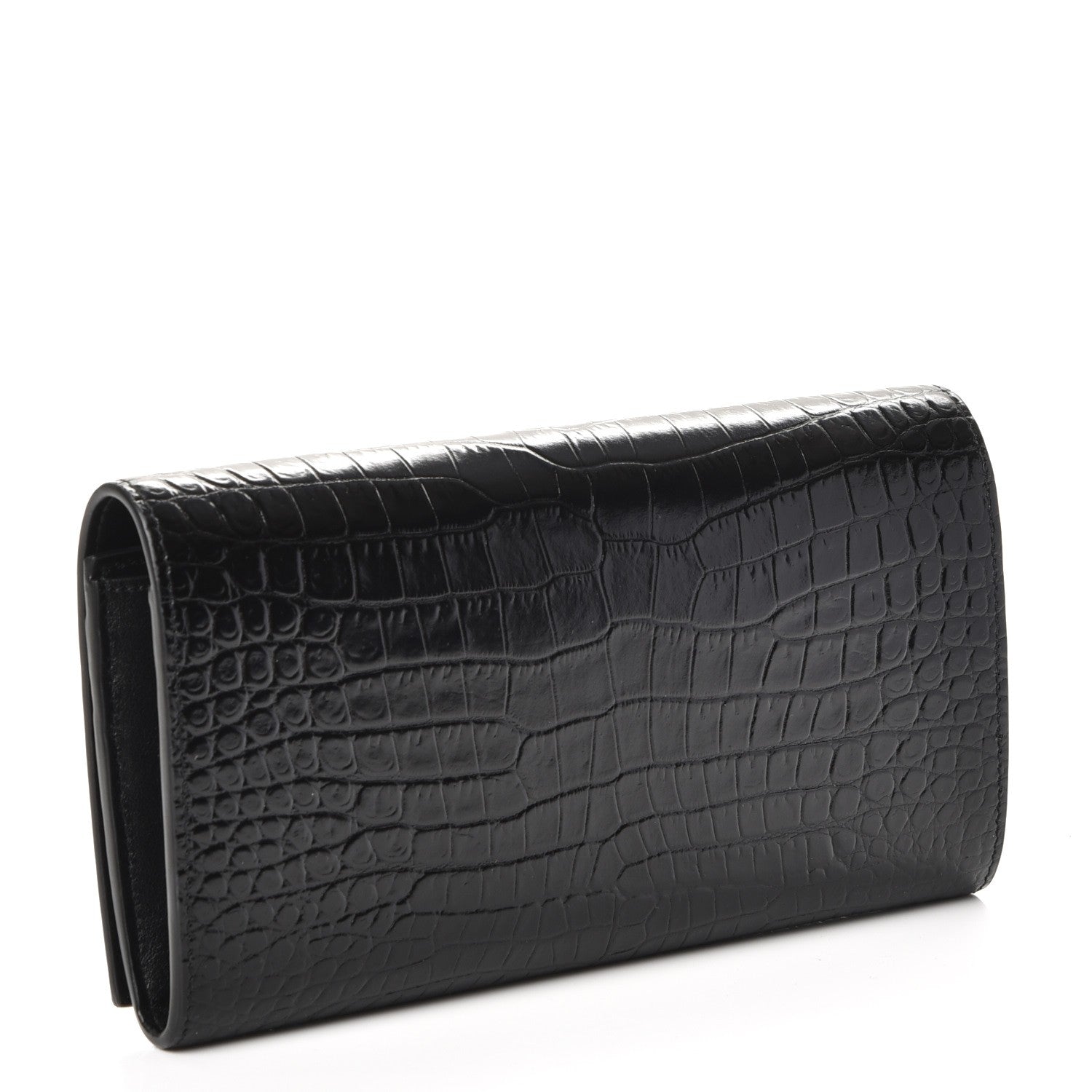 Saint Laurent Calfskin Crocodile Embossed Large Monogram Flap Wallet Black 3 of 7