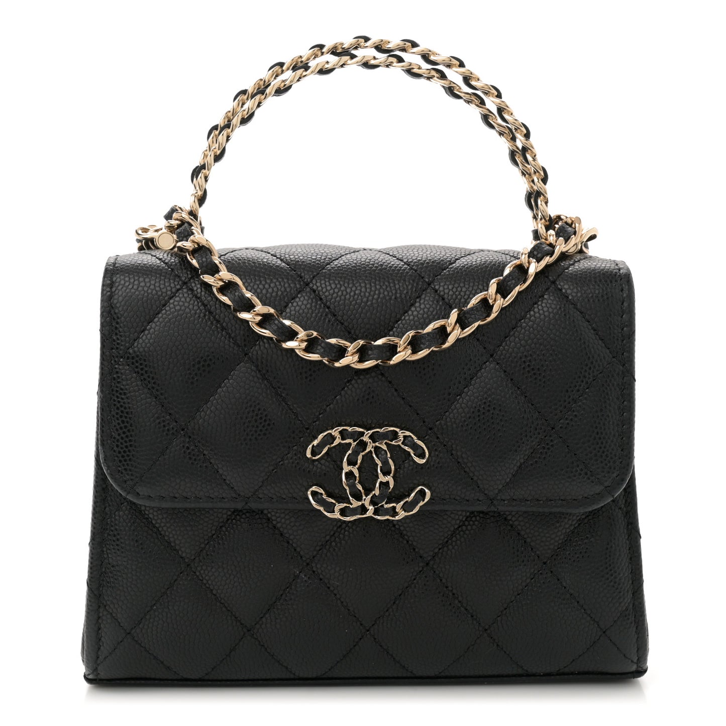 Caviar Quilted Double Chain Top Handle Flap With Chain Black