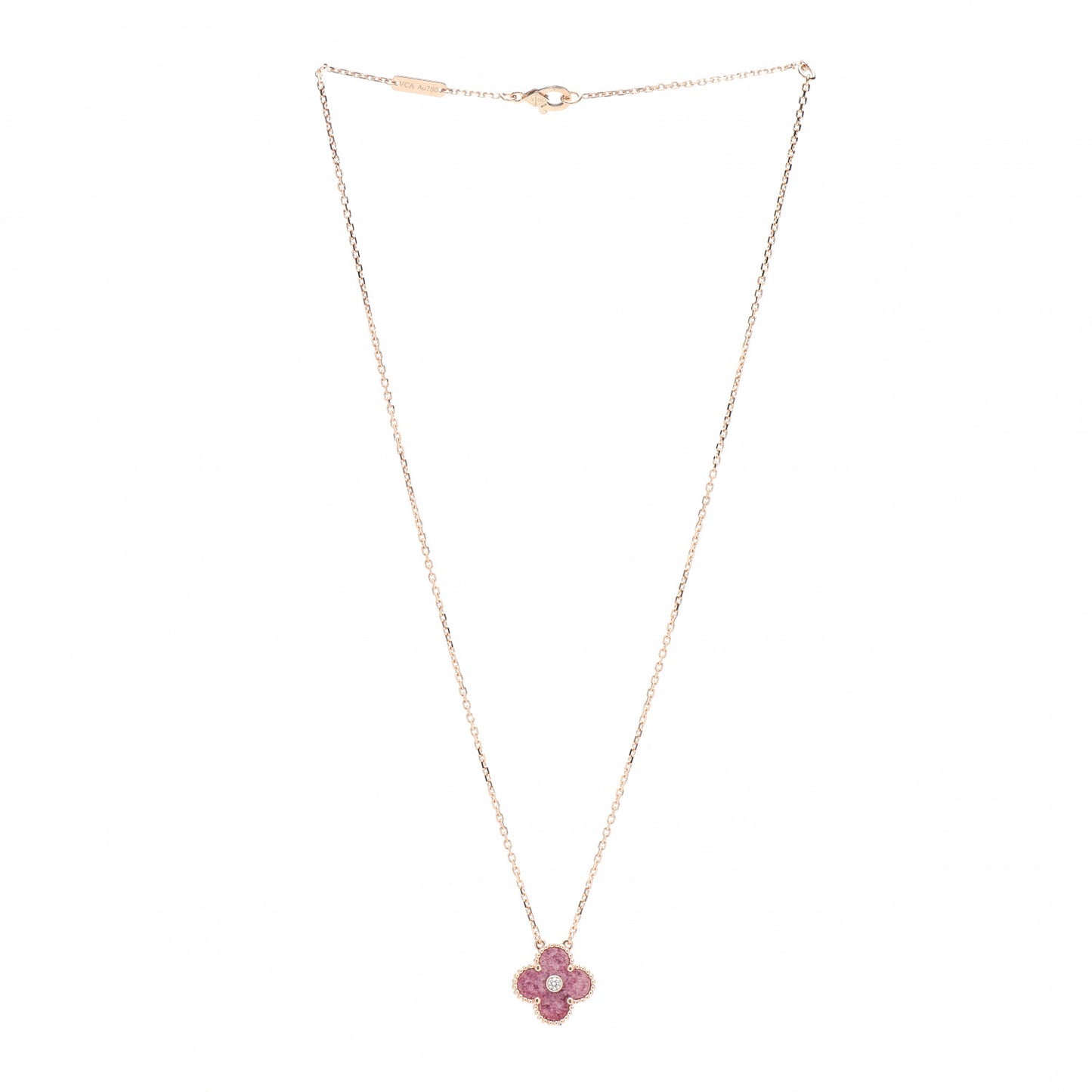 18K Rose Gold Diamond Rhodonite Vintage Alhambra Pendant Necklace