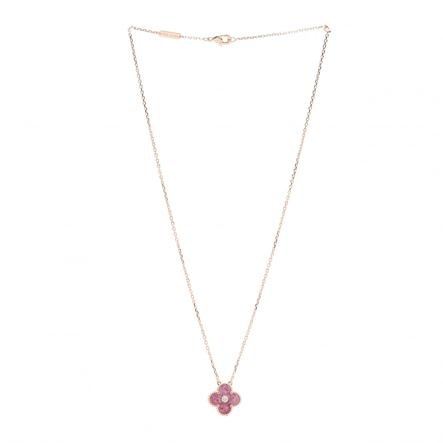 Van Cleef & Arpels 18K Rose Gold Diamond Rhodonite Vintage Alhambra Pendant Necklace 3 of 5
