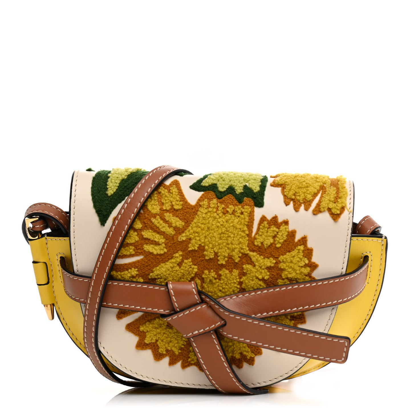 Calfskin Embroidered Floral Mini Gate Crossbody Bag Yellow