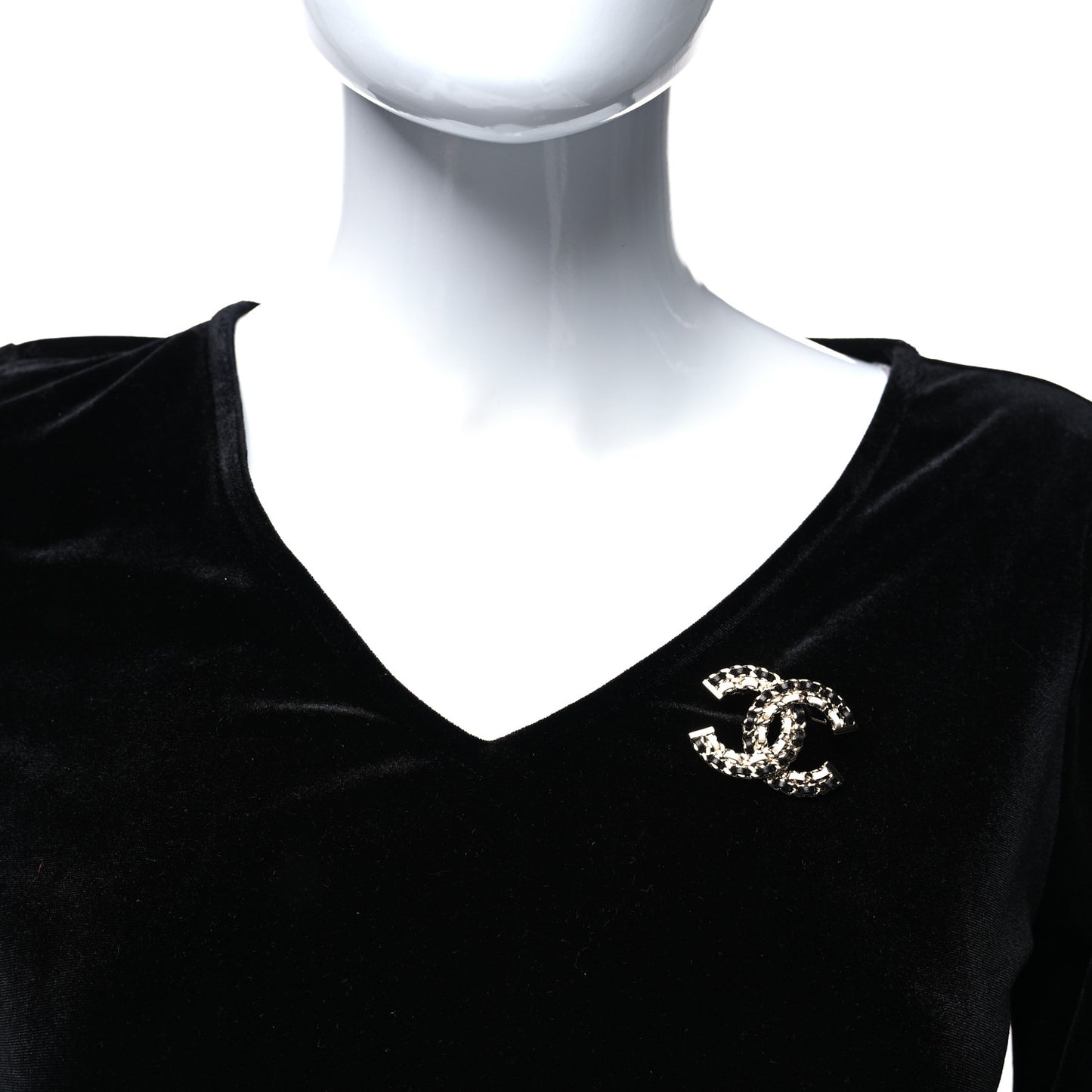 Lambskin Chain CC Brooch Black White Gold