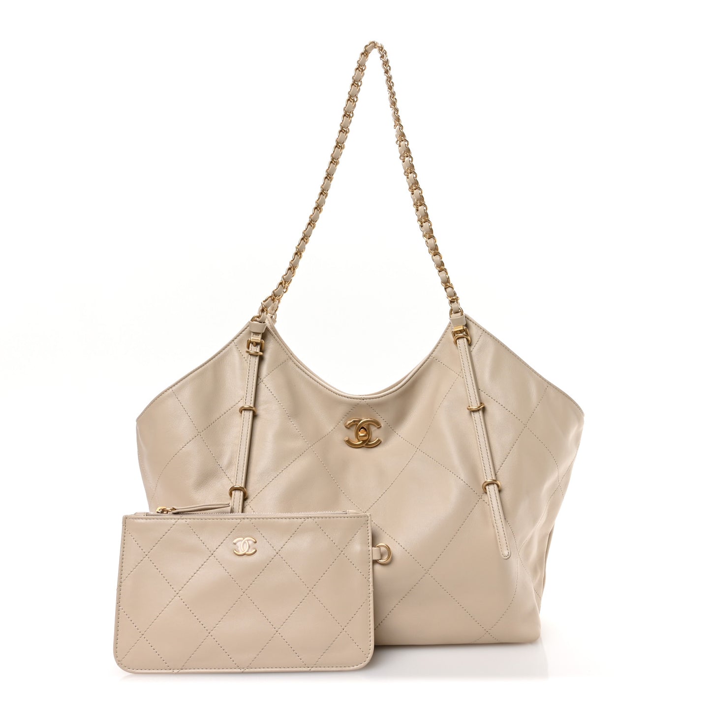 Calfskin Quilted Maxi Coco Large Shopping Bag Beige