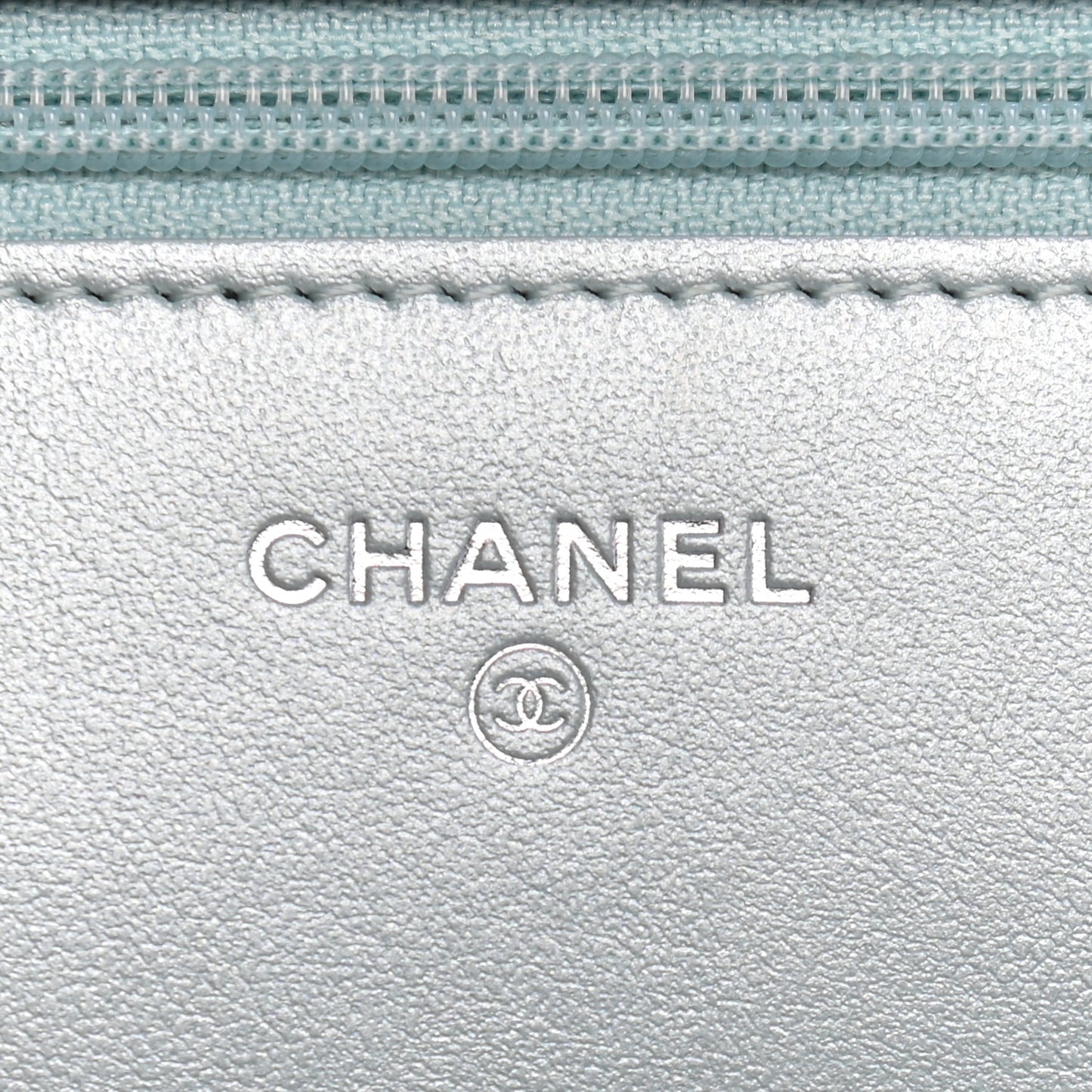 Metallic Caviar Chevron Quilted Vintage Mademoiselle Wallet On Chain WOC Light Blue