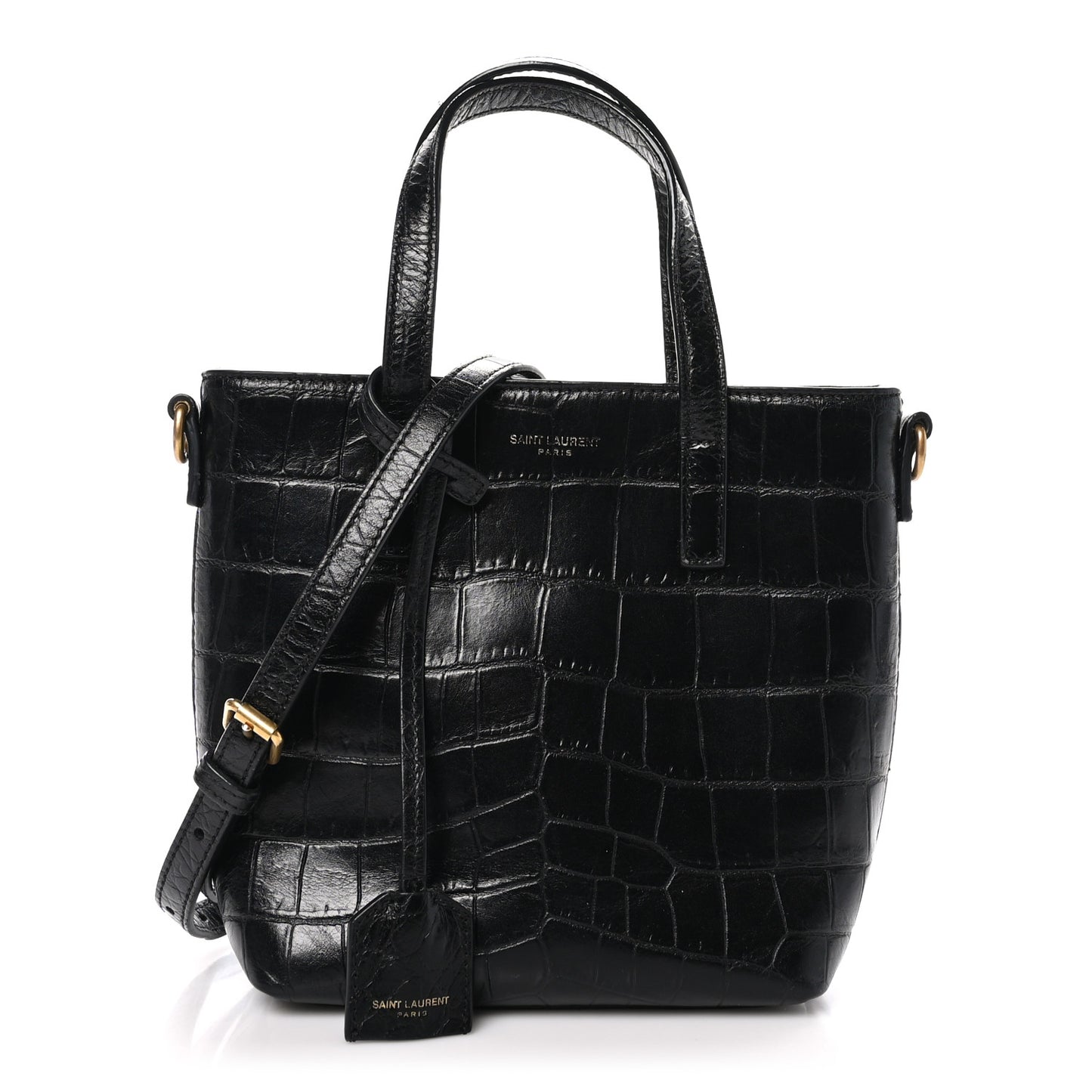 Calfskin Crocodile Embossed Paris Mini Toy Shopper Tote Black