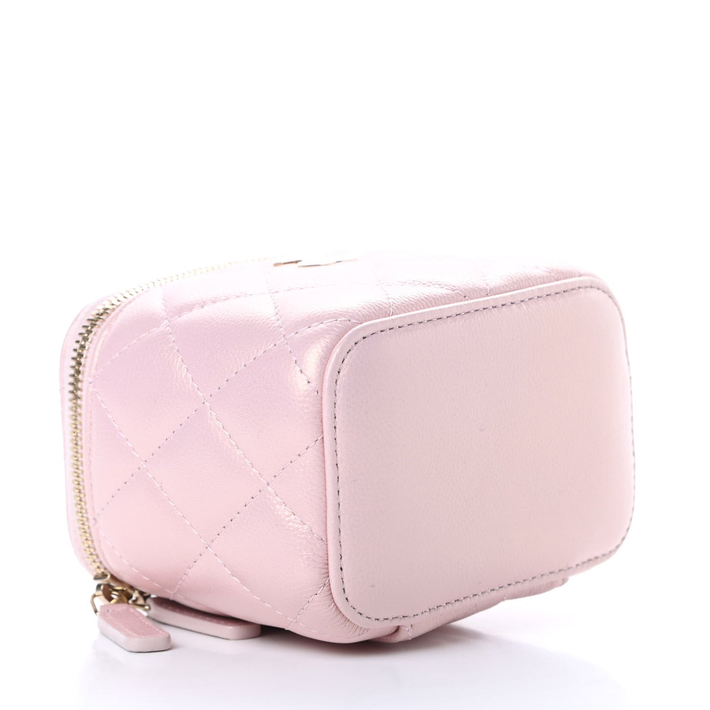 Iridescent Caviar Quilted Mini Pearl On Top Vanity Case With Chain Light Pink