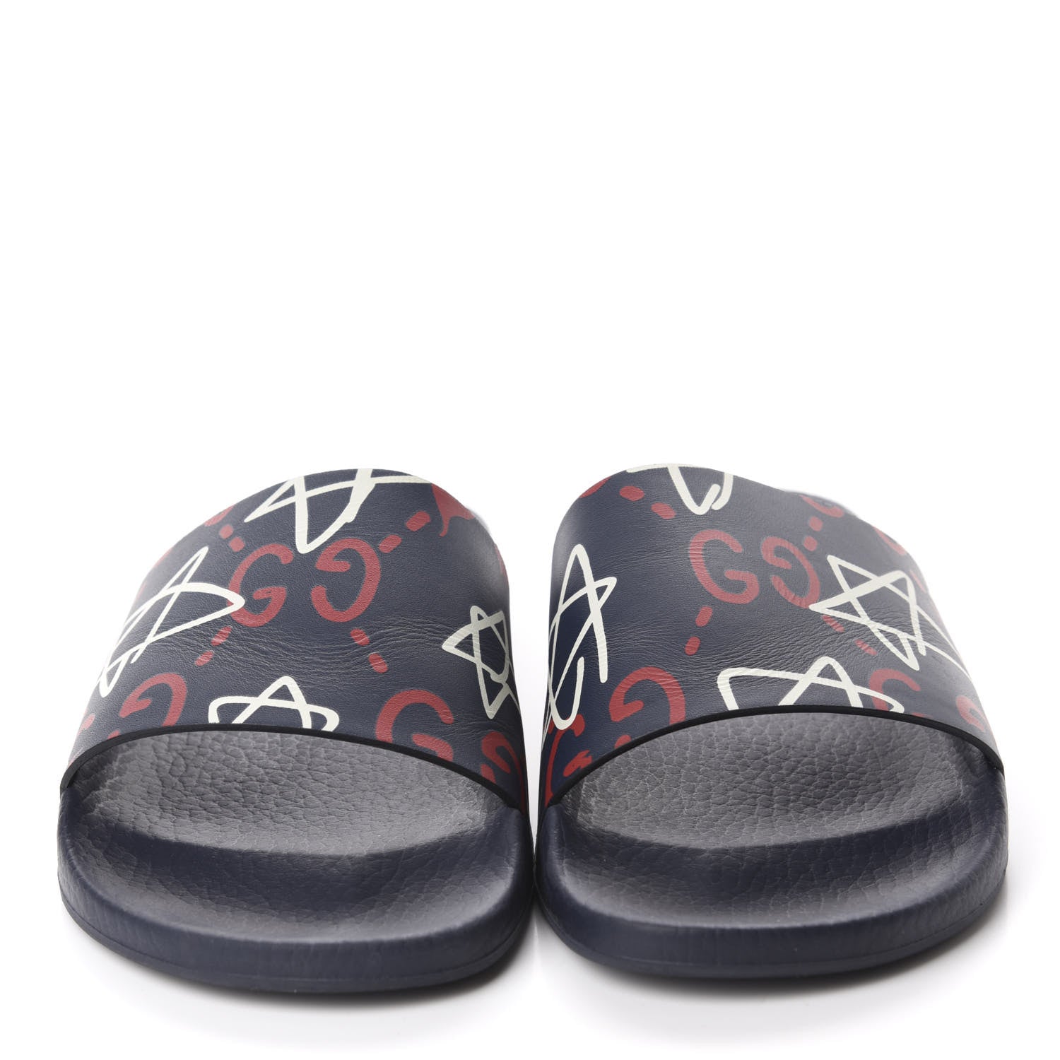 Gucci Calfskin GucciGhost Print Womens Slide Sandals 41 Blue Agata Hibiscus Red 2 of 9