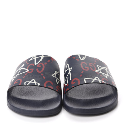 Gucci Calfskin GucciGhost Print Womens Slide Sandals 41 Blue Agata Hibiscus Red 2 of 9