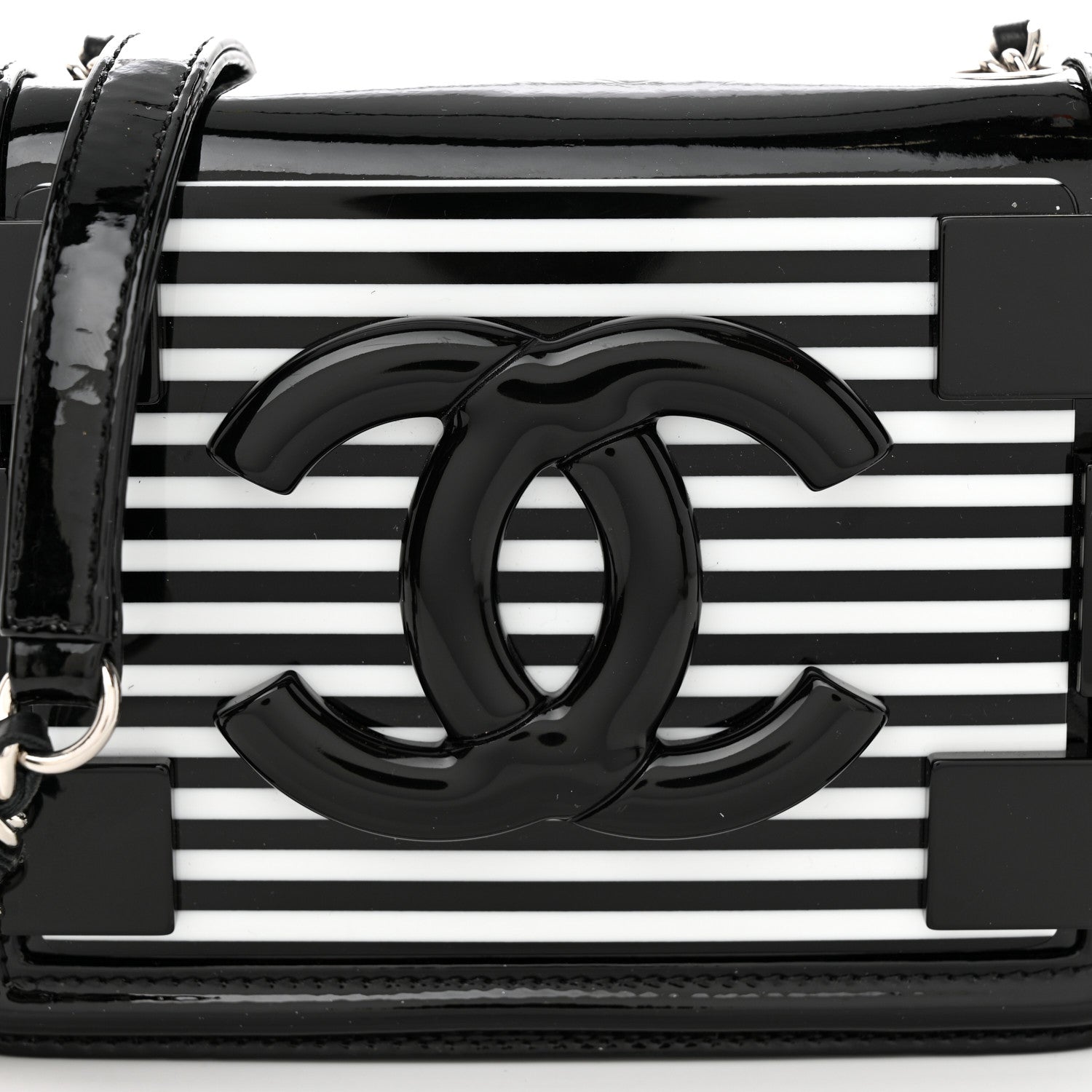 Chanel Plexiglass Patent Mini Striped Boy Brick Flap Black White 8 of 11