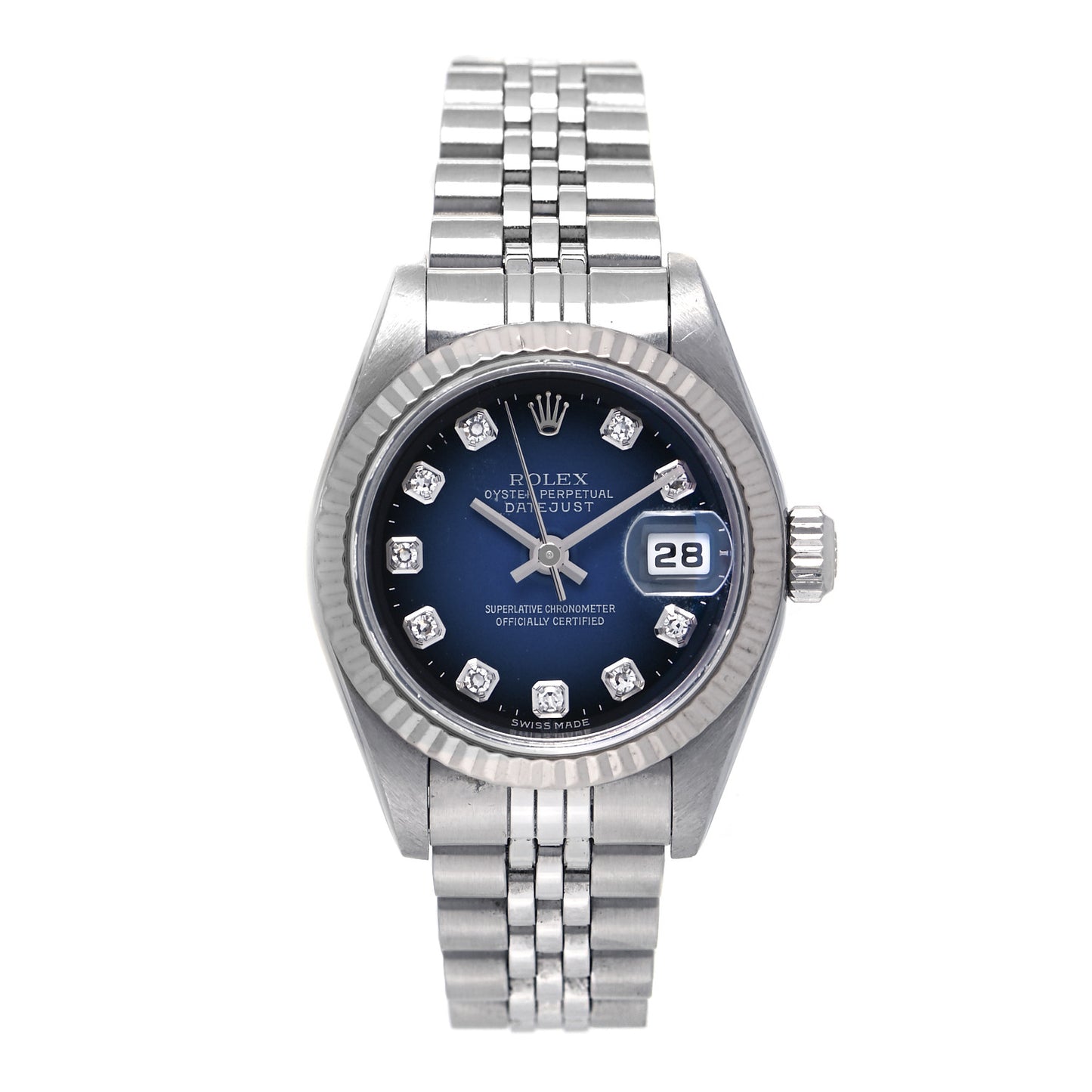 Stainless Steel 18K White Gold Diamond 26mm Oyster Perpetual Datejust Watch Blue Gradient 79174