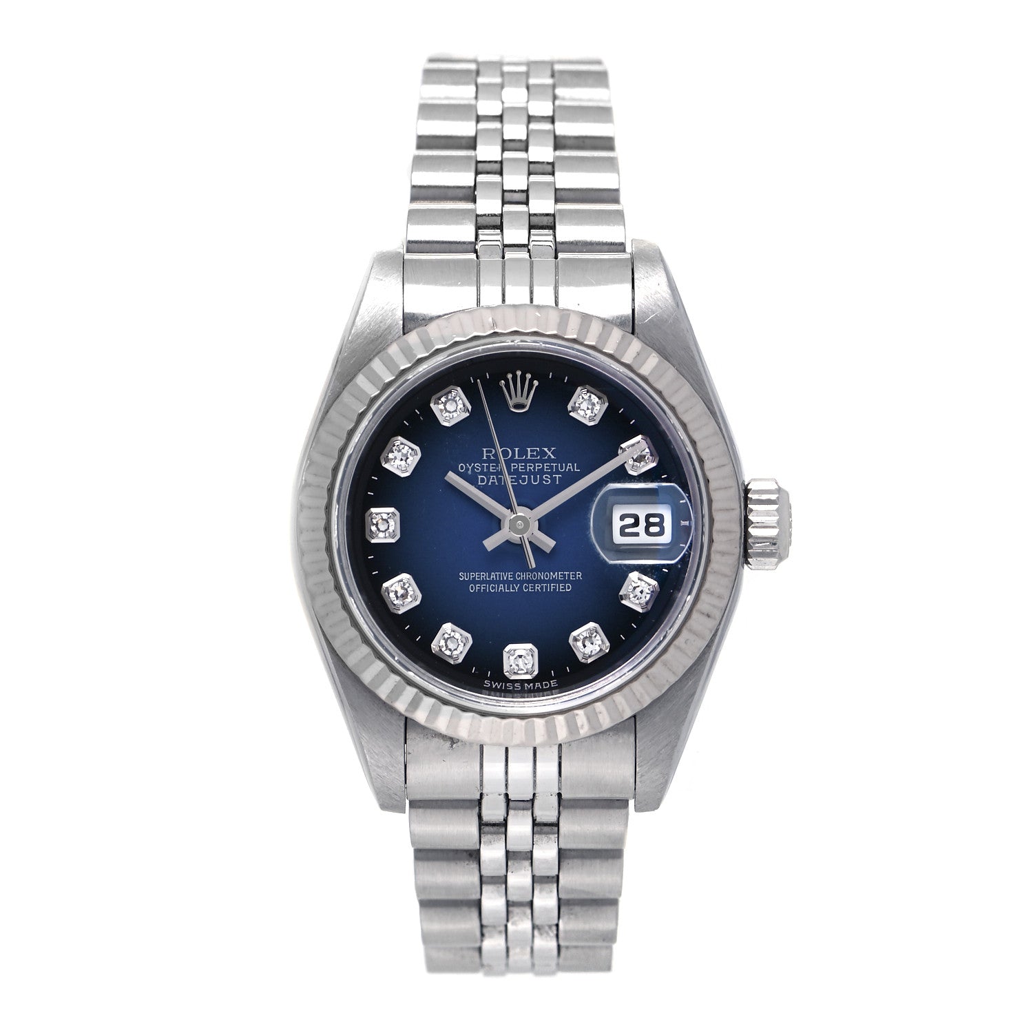 Rolex Stainless Steel 18K White Gold Diamond 26mm Oyster Perpetual Datejust Watch Blue Gradient 79174 1 of 8