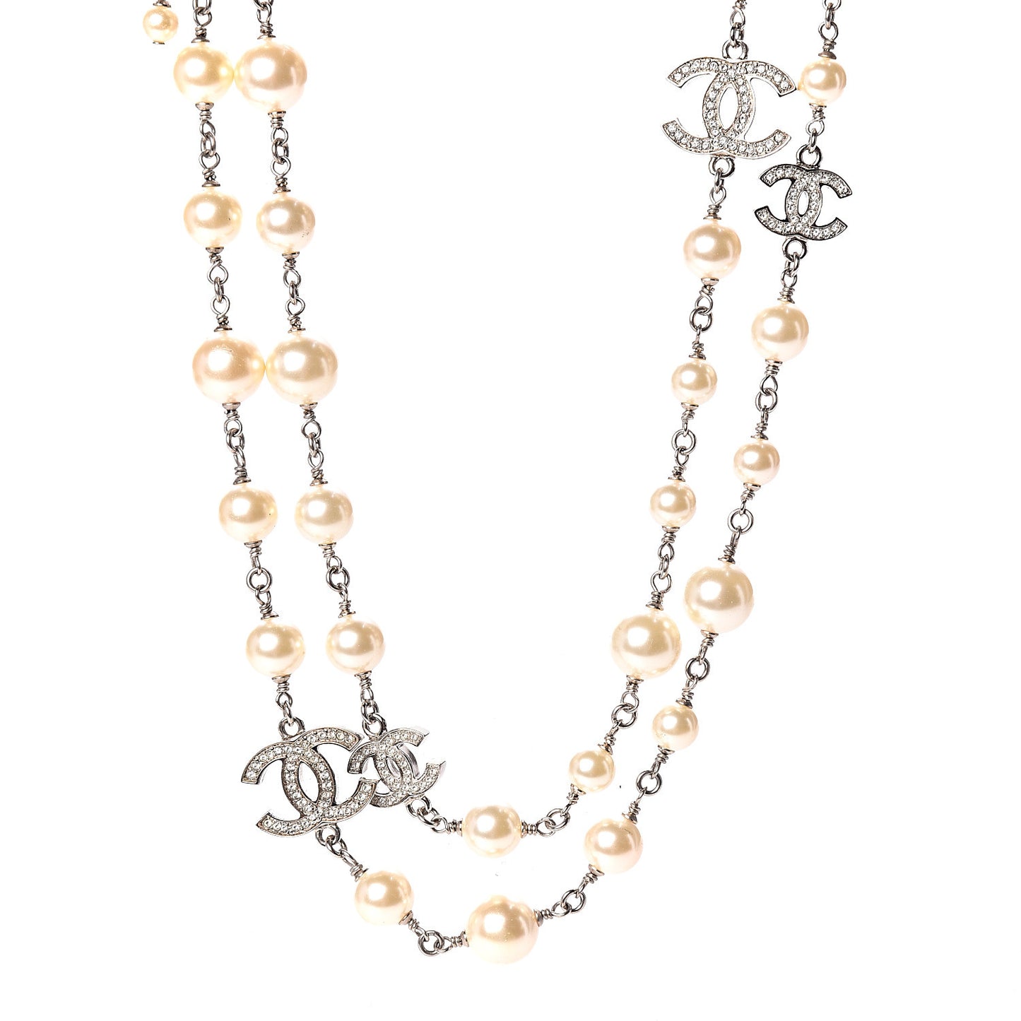 Crystal Pearl CC Long Necklace Silver