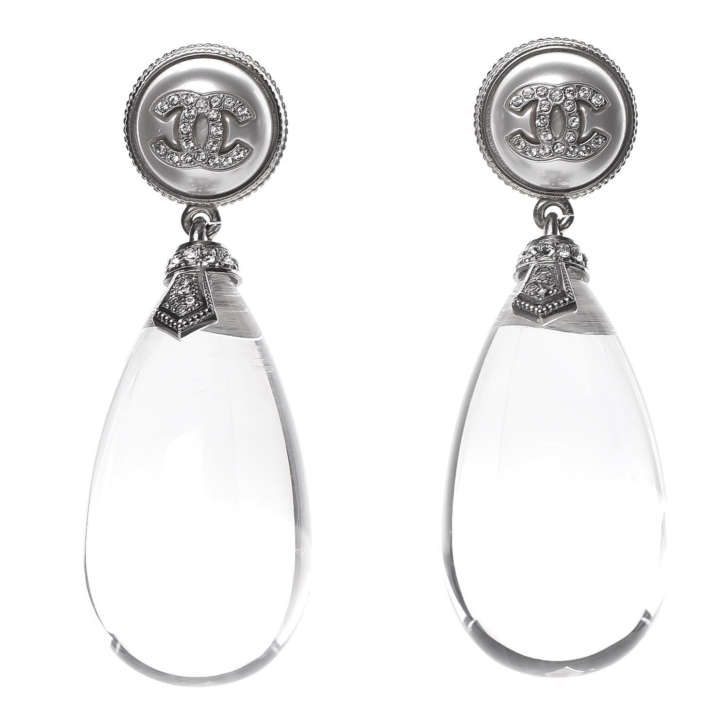 Chanel Resin Crystal CC Drop Earrings Silver 1 of 5