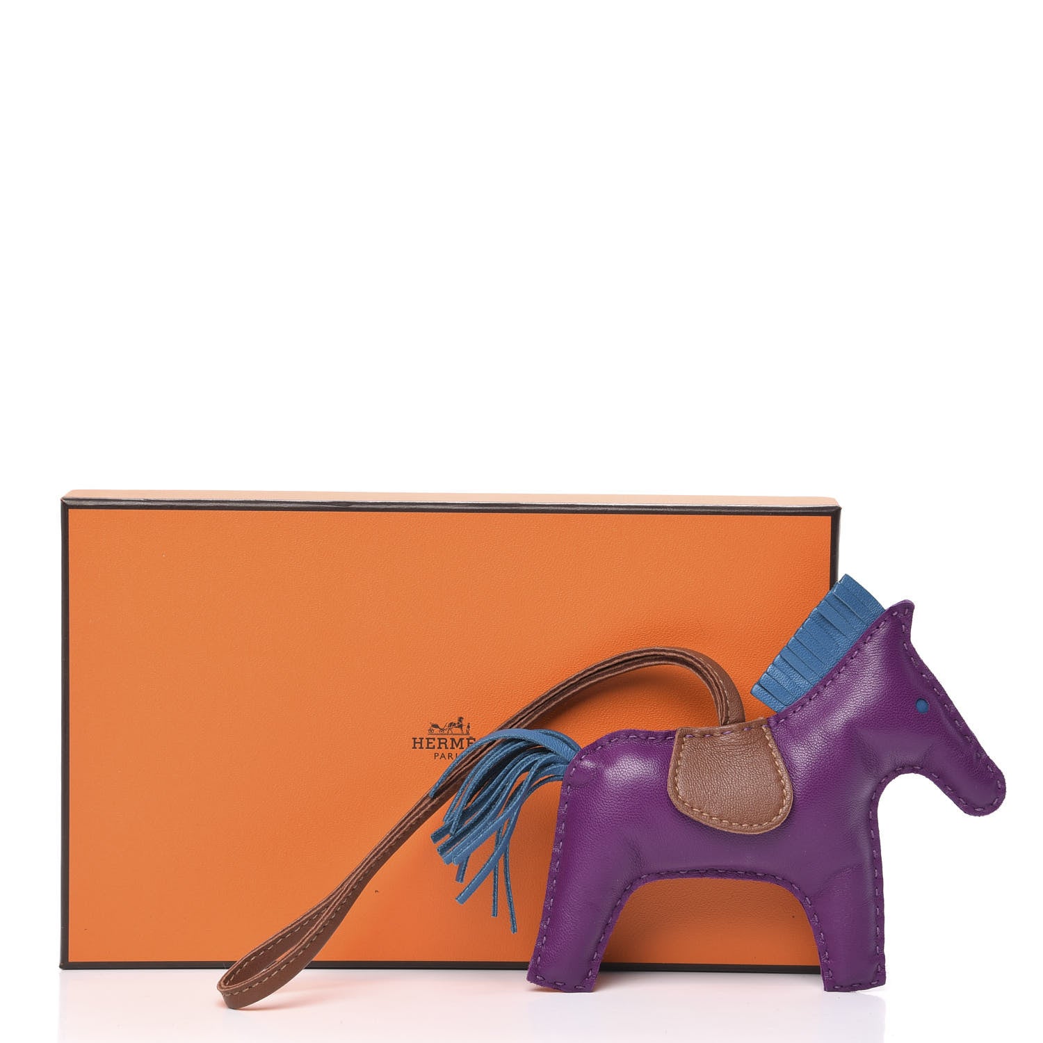 Hermes Milo Lambskin Grigri Rodeo Horse Bag Charm MM Anemone Bleu Izmir Fauve 4 of 4