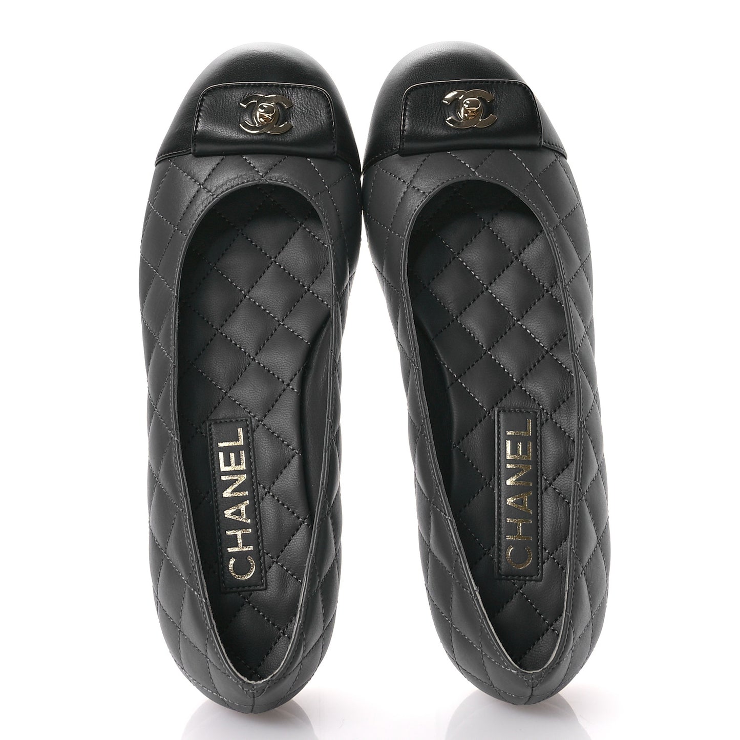 Calfskin Lambskin Quilted CC Ballerina Flats 37.5 Grey Black
