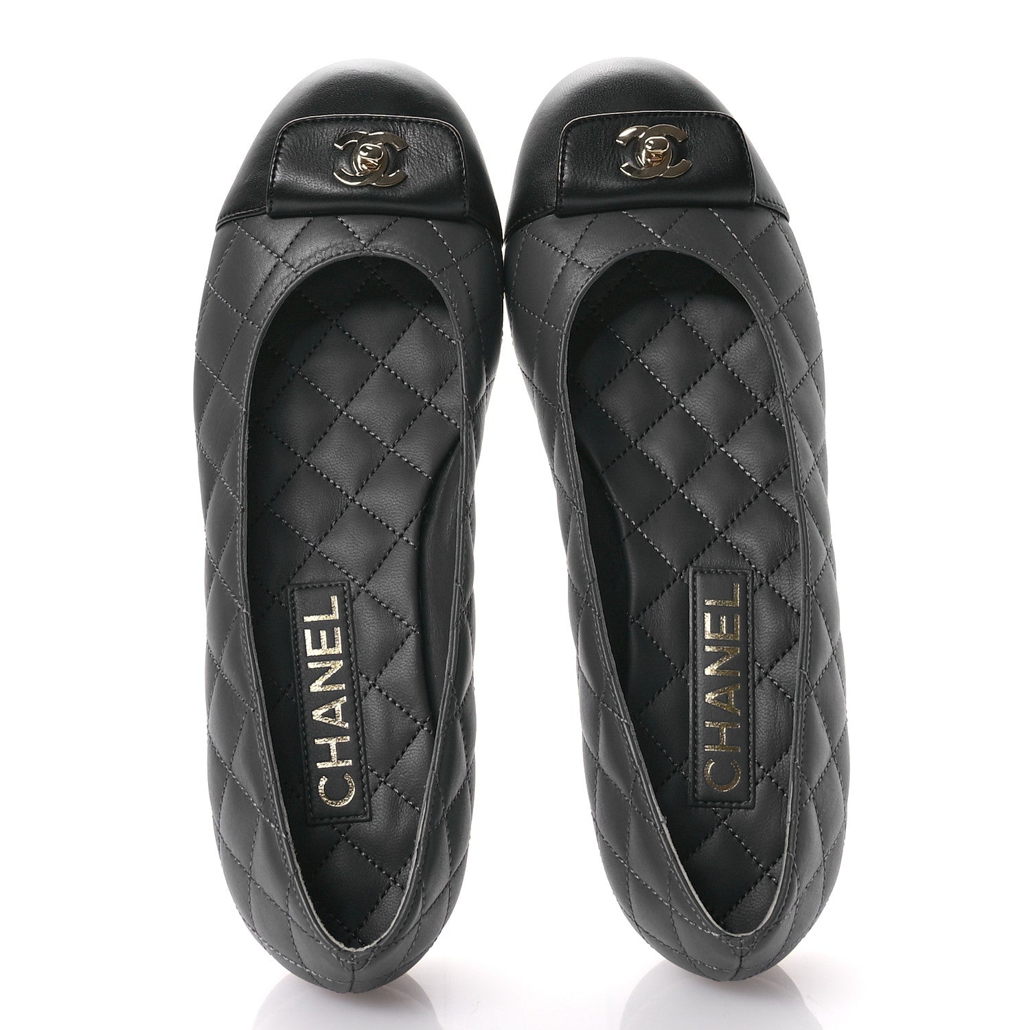 Chanel Calfskin Lambskin Quilted CC Ballerina Flats 37.5 Grey Black 2 of 10