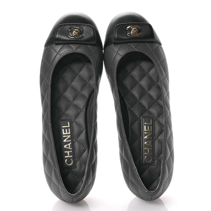 Chanel Calfskin Lambskin Quilted CC Ballerina Flats 37.5 Grey Black 2 of 10