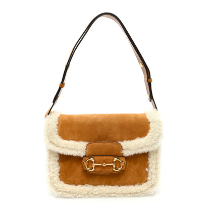 Gucci Suede Shearling Horsebit 1955 Shoulder Bag Honey Beige Milk 1 of 10