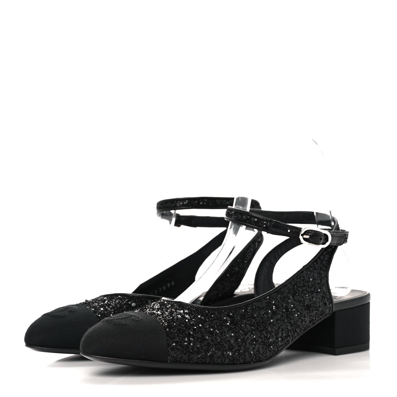 Chanel Glitter Grosgrain Cap Toe CC Ankle Wrap Pumps 37.5 Black 3 of 9