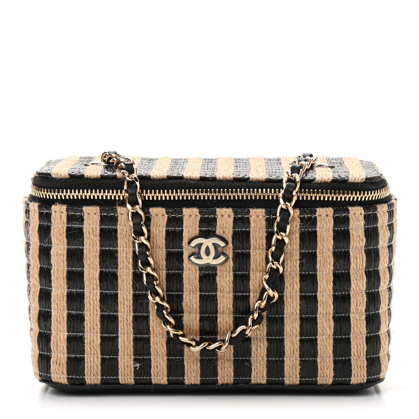Raffia Jute Striped Small Vanity Case With Chain Black Beige