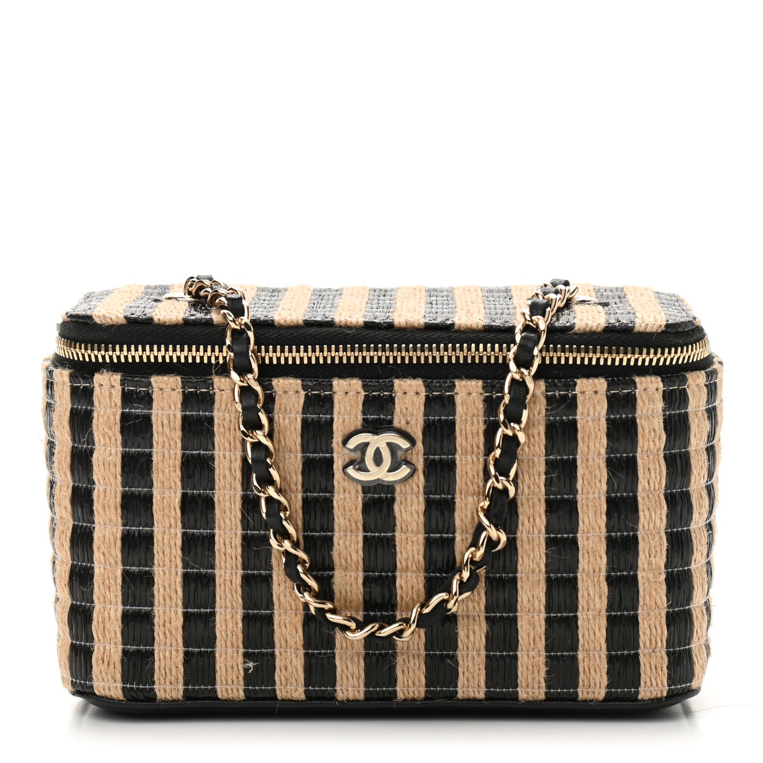 Chanel Raffia Jute Striped Small Vanity Case With Chain Black Beige 1 of 11