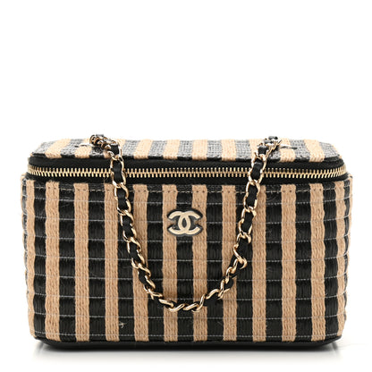Chanel Raffia Jute Striped Small Vanity Case With Chain Black Beige 1 of 11
