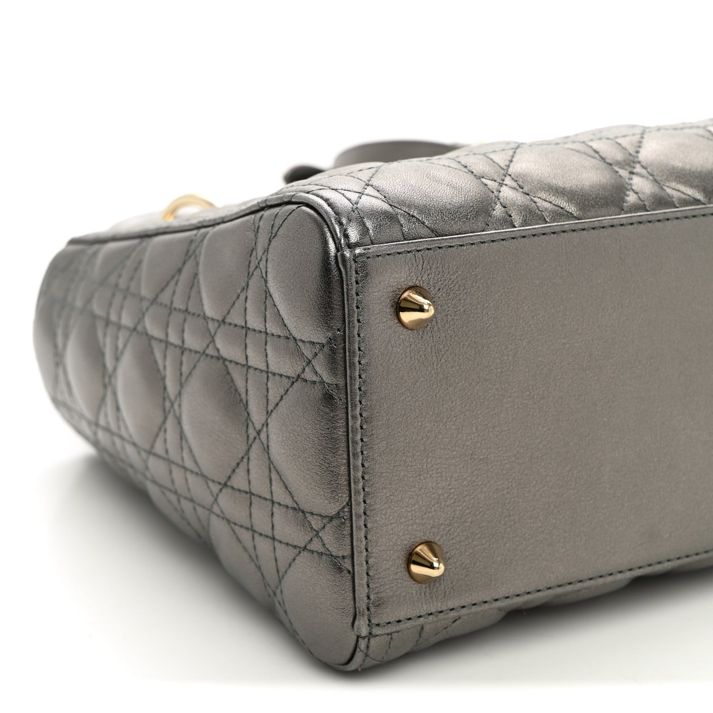 Metallic Calfskin Cannage Medium Lady Dior Gunmetal Grey