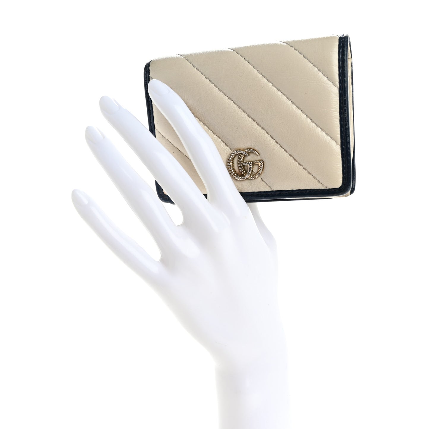 Vintage Effect Calfskin Matelasse Diagonal Torchon GG Marmont Card Case Wallet Mystic White Blue Agata