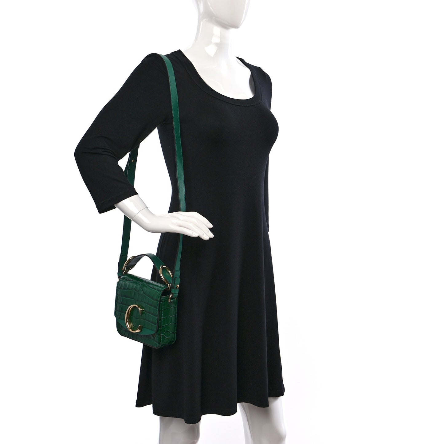 Calfskin Crocodile Embossed Mini C Double Carry Woodsy Green