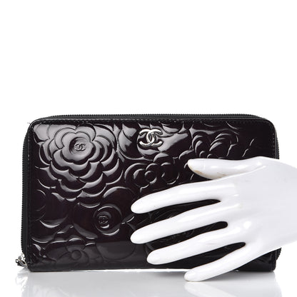 Chanel Patent Camellia Embossed Large Zip Around Gusset Wallet Black 2 of 9