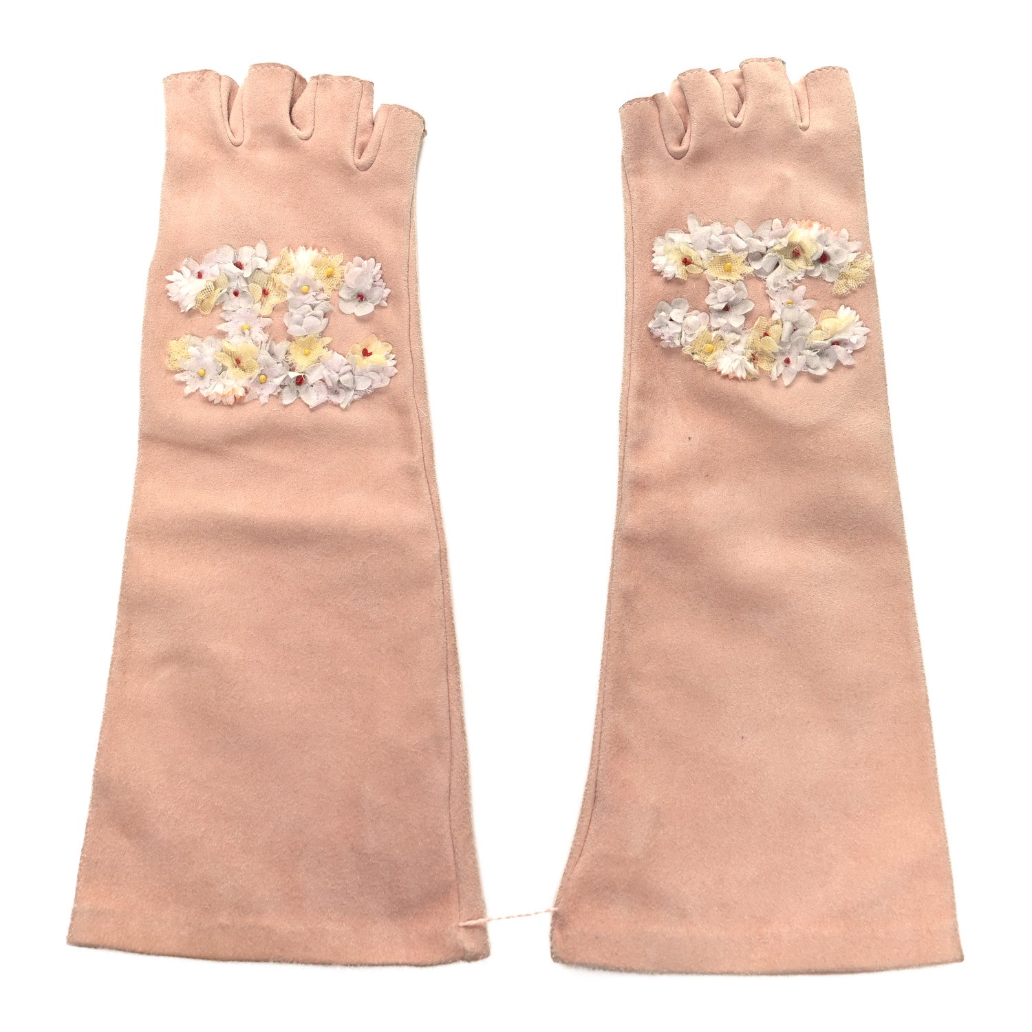 Chanel Suede Goatskin Fingerless CC Gloves 7 Pink 1 of 5
